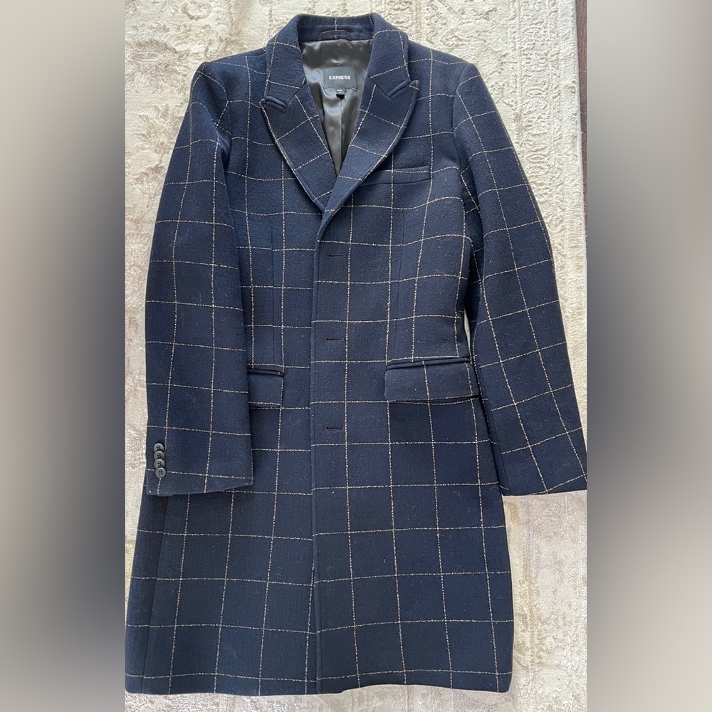 Express Men's Window Pane Printed Wool-Blend Topcoat in Navy blue